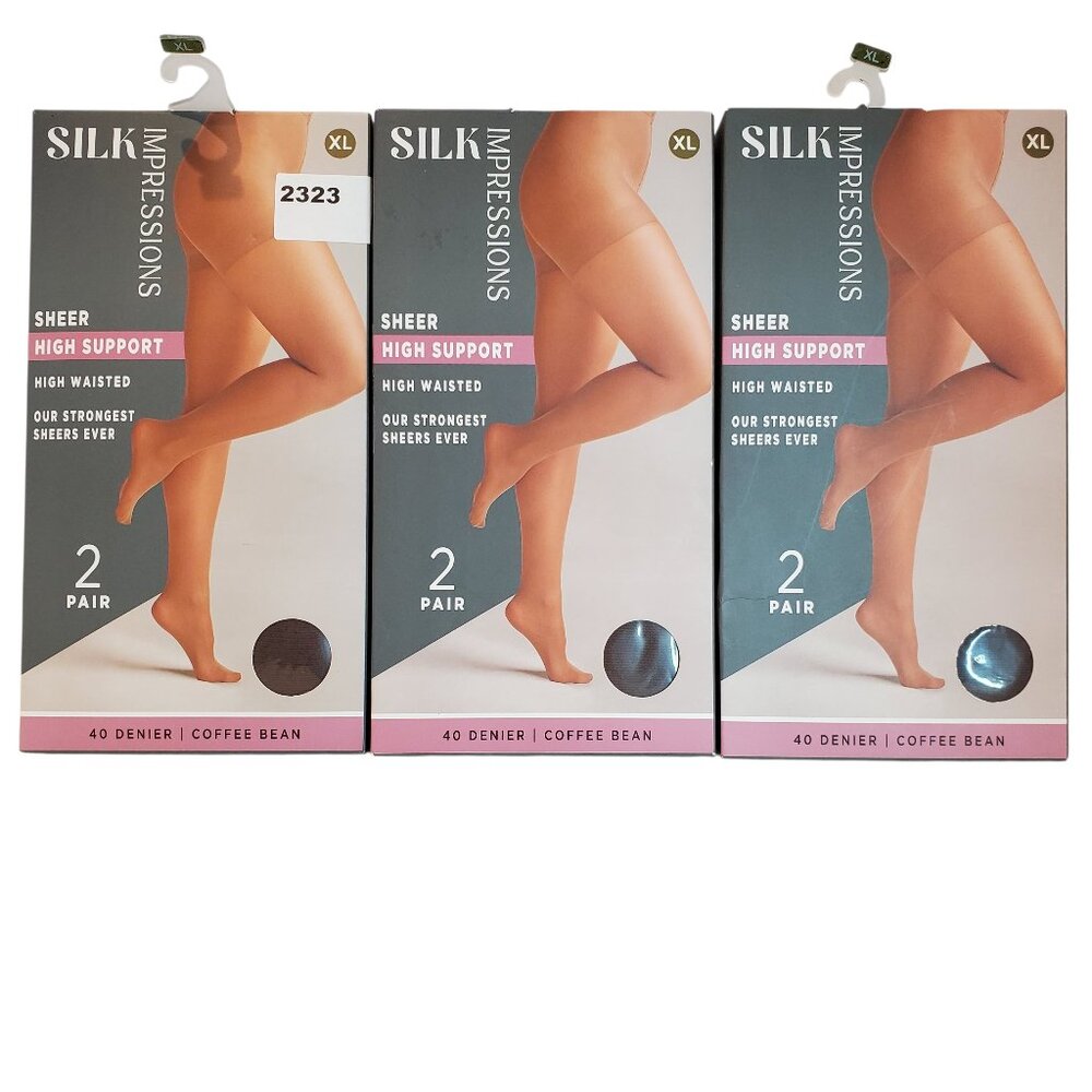 NEW 3 Packs of 2 Pair Silk Impressions SZ XL Sheer Pantyhose Tights Coffee Bean